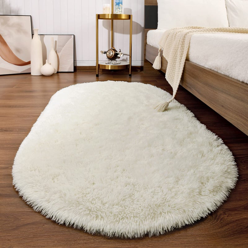 Softlife Fluffy Rugs for Bedroom, Shag Cute Area Rug for Girls/Boys and Kids Baby Room Home Decor, 2.6 x 5.3 Feet Oval Indoor Carpet for Nursery Dorm Living Room, Creamy - Image 1